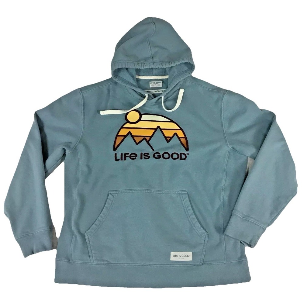 Life is Good Mens Blue Mountain Sun Graphic Pullover Hoodie Sweatshirt Large